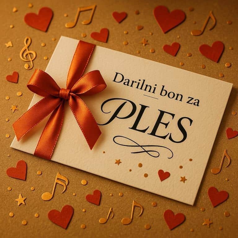 Elegantno oblikovan darilni bon za ples z rdečo pentljo in srčki