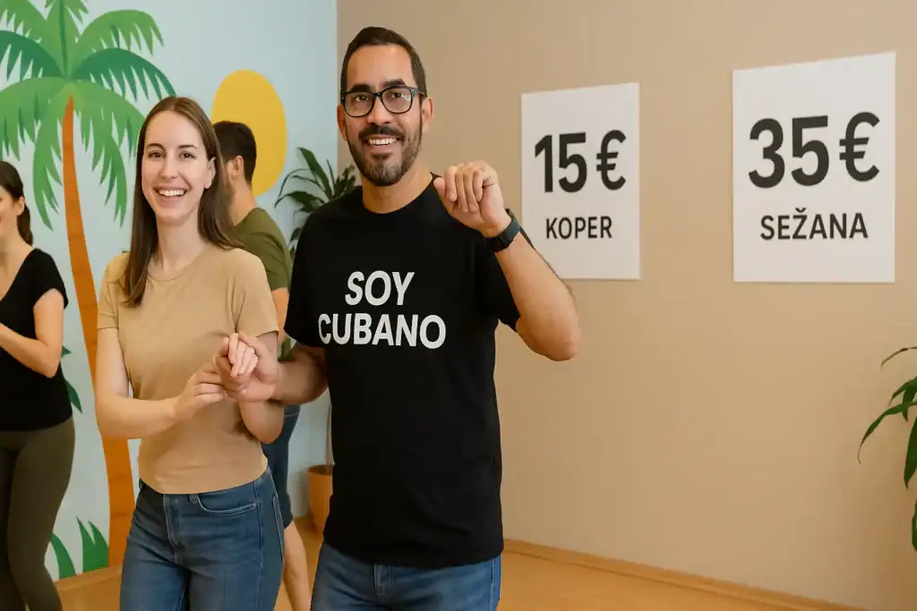 Plesna šola v Kopru in Sežani: Naučite se plesati s Soy Cubano v letu 2026 2 Učitelj José vodi tečaj kubanske salse v Soy Cubano s cenami 15 € za Koper in 35 € za Sežano, v tropsko okrašenem plesnem studiu.Cenik Tečajev Latino