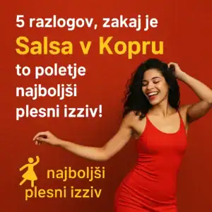 alsa v Kopru – poletni plesni izziv s Soy Cubano, ženska v rdeči obleki pleše z nasmehom