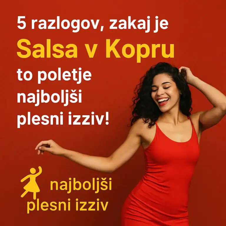 alsa v Kopru – poletni plesni izziv s Soy Cubano, ženska v rdeči obleki pleše z nasmehom