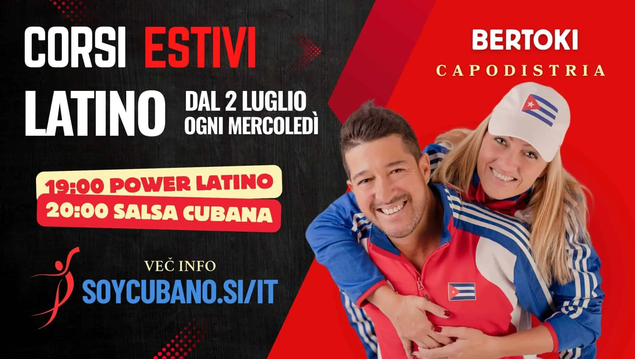 Insegnante cubano e partner sorridono mentre promuovono il corso estivo di danza a Capodistria, con orari evidenziati per salsa cubana e power latino.