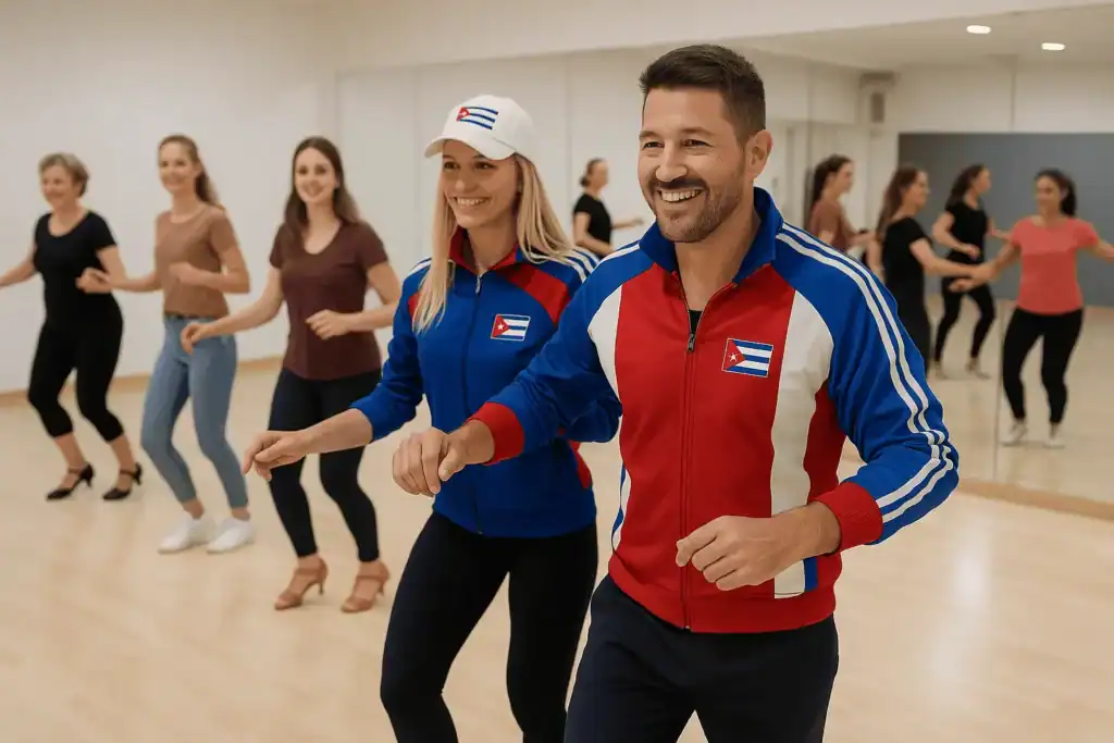 Inštruktor in udeleženci med plesnim treningom v svetli plesni dvorani med poletnim tečajem plesa Koper.
