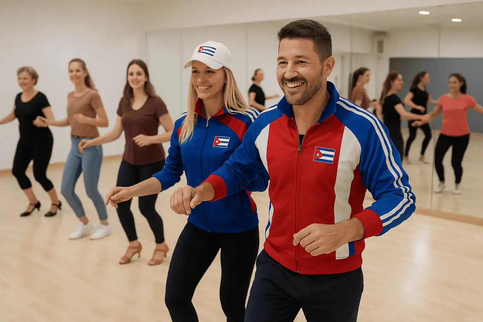 Istruttore e partecipanti durante l'allenamento di danza in una luminosa sala da ballo durante il corso estivo di danza di Capodistria.