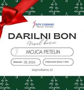 Darilni bon X-MAS Soy Cubano – božični darilni bon za ples z napisom »Vesel božič«, polja za ime, datum in veljavnost 1 leto.