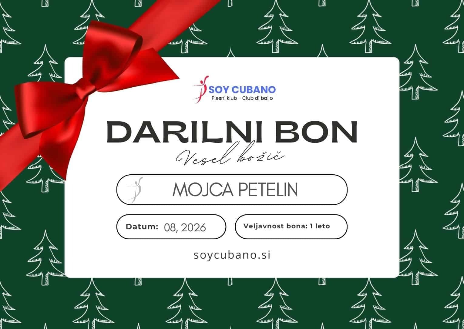 Darilni bon X-MAS Soy Cubano – božični darilni bon za ples z napisom »Vesel božič«, polja za ime, datum in veljavnost 1 leto.