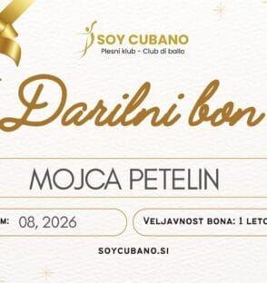 Darilni bon Soy Cubano – eleganten darilni bon za ples (vse priložnosti) z zlatimi detajli, polja za ime, datum in veljavnost 1 leto.