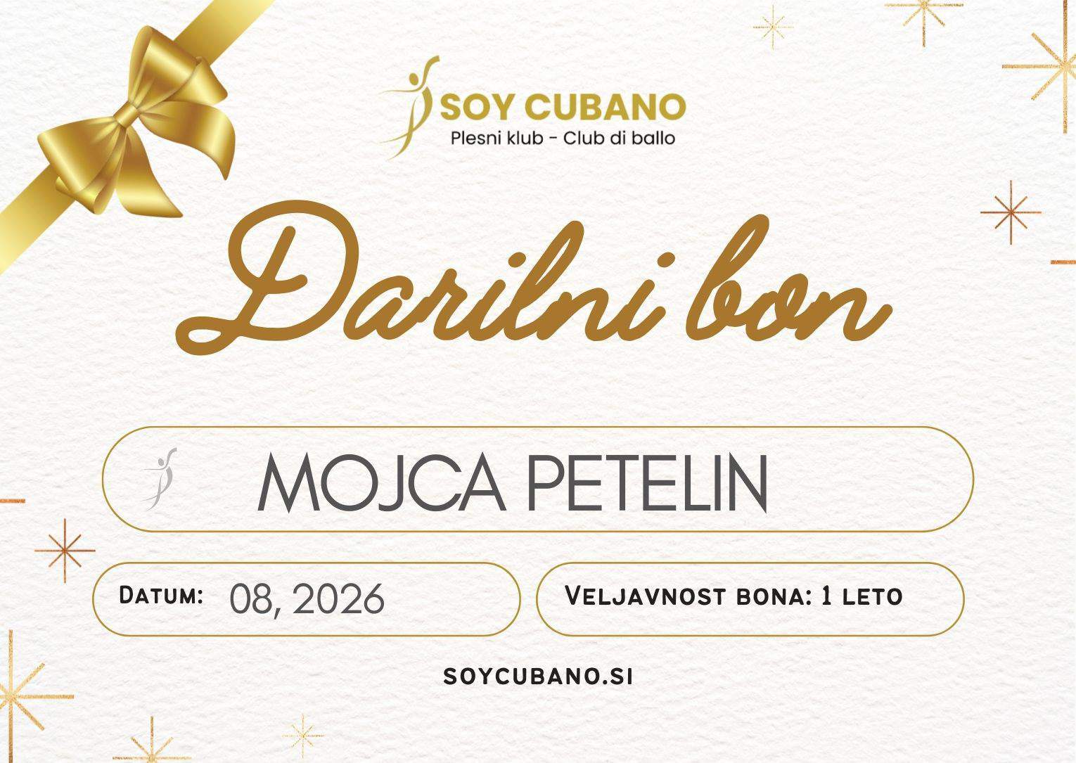 Darilni bon Soy Cubano – eleganten darilni bon za ples (vse priložnosti) z zlatimi detajli, polja za ime, datum in veljavnost 1 leto.