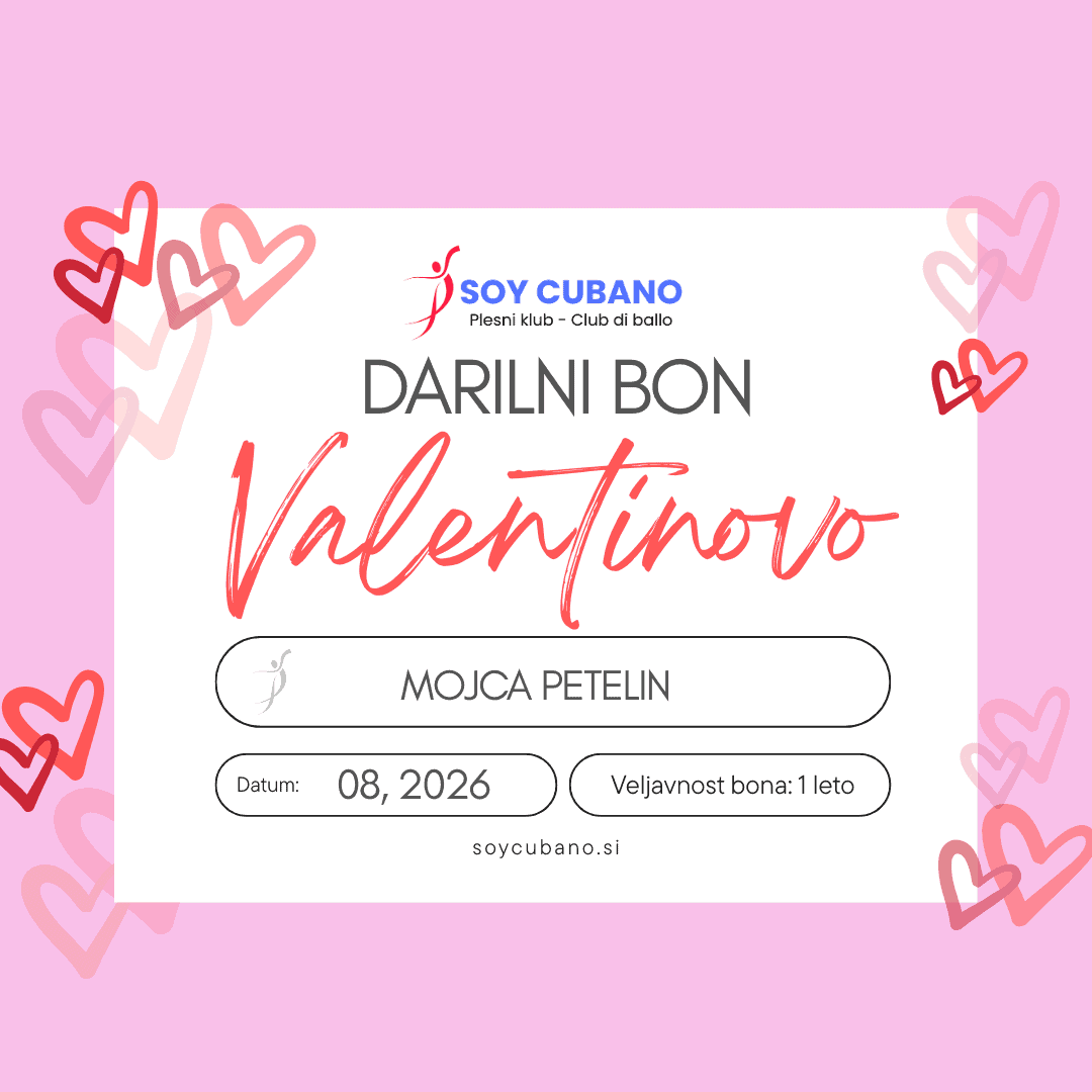Darilni bon Valentinovo Soy Cubano – darilni bon za ples, polja za ime, datum in veljavnost 1 leto.