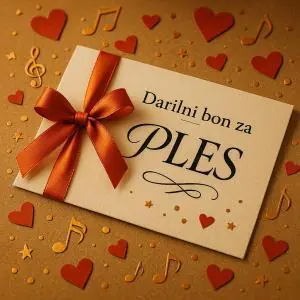 Elegantno oblikovan darilni bon za ples z rdečo pentljo in srčki